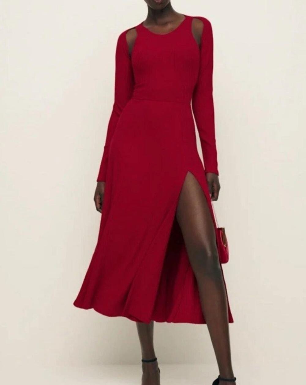 Reformation Lorelai Knit Cutout Dress Lipstick Red Womens Midi Longsleeve XS